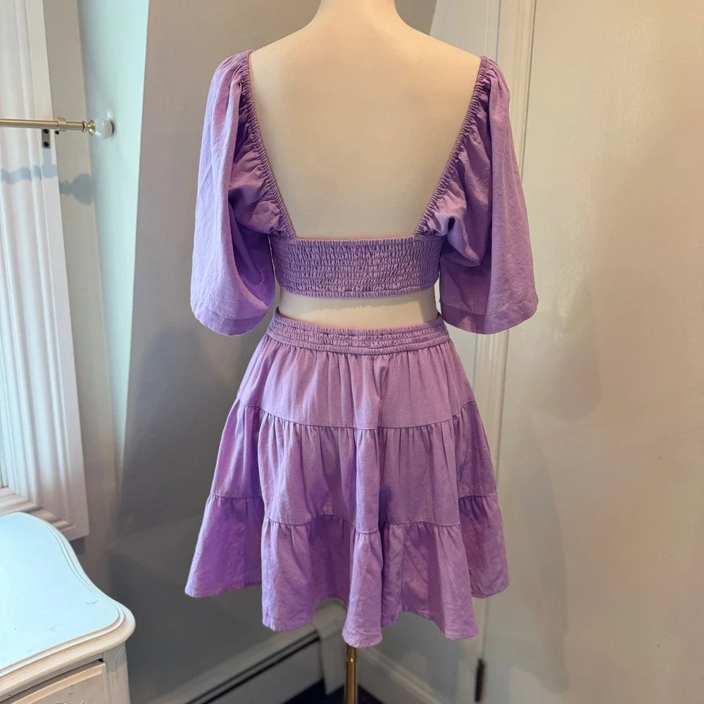Free People Lilac Cross of Sunlight Puff Sleeve Cutout Mini Dress | Size Small